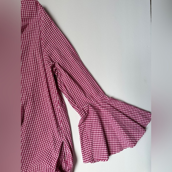 Free People Dress Women’s | Sz Large | Red Gingham | Bell Sleeve | V- Neck |Boho - Picture 7 of 8